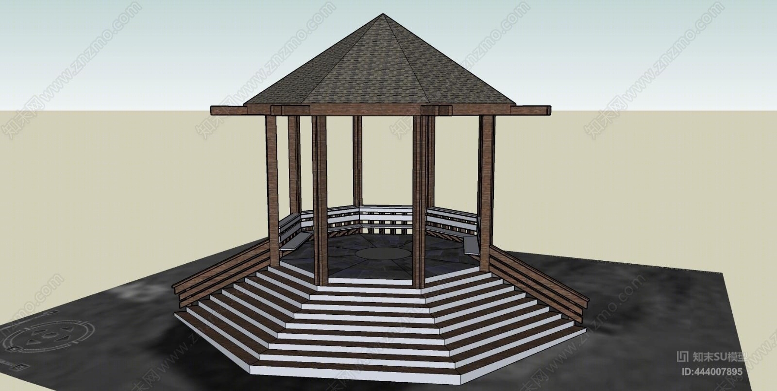 欧式圆形八角亭广场景观亭SU模型下载【ID:444007895】