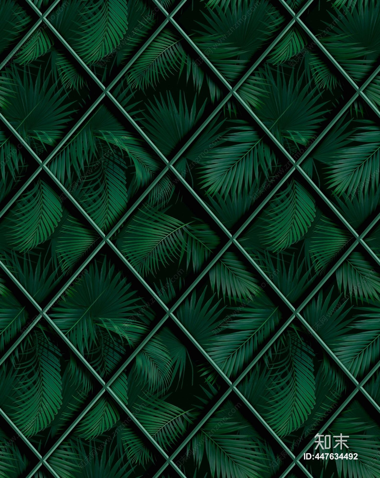 现代简约复古浪漫绿色植物树叶与几何菱格纹线条装饰壁纸壁画贴图下载【ID:447634492】