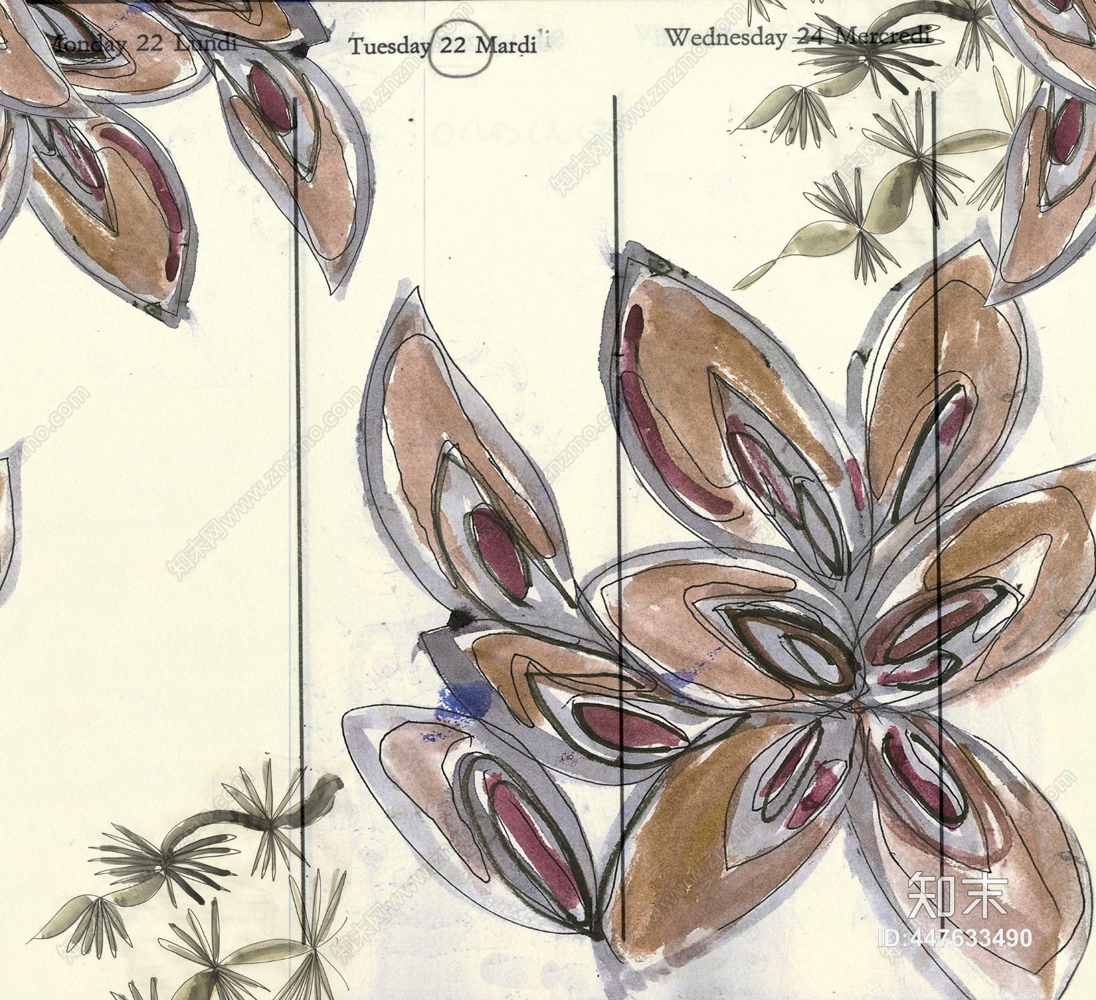 现代浪漫手绘风格暖色系花朵装饰壁纸壁画贴图下载【ID:447633490】