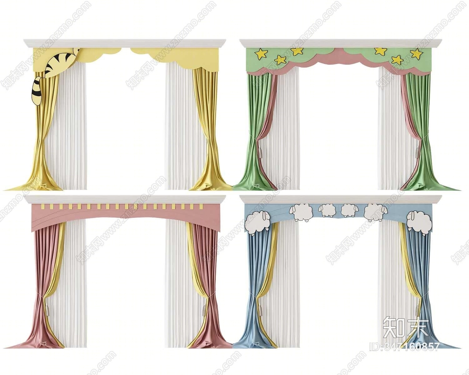 简欧儿童房卡通窗帘3D模型下载【ID:347160857】