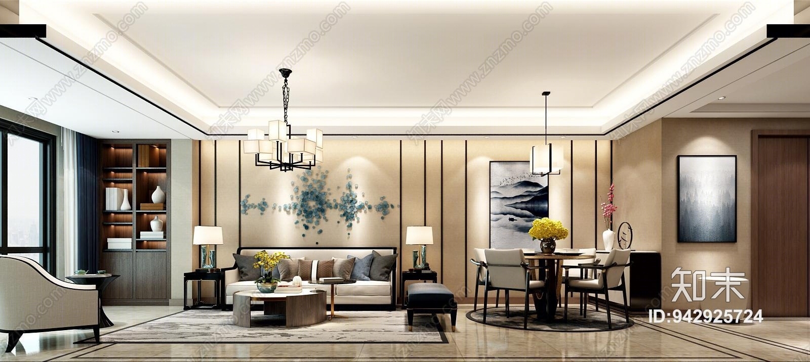新中式现代客餐厅3D模型下载【ID:942925724】