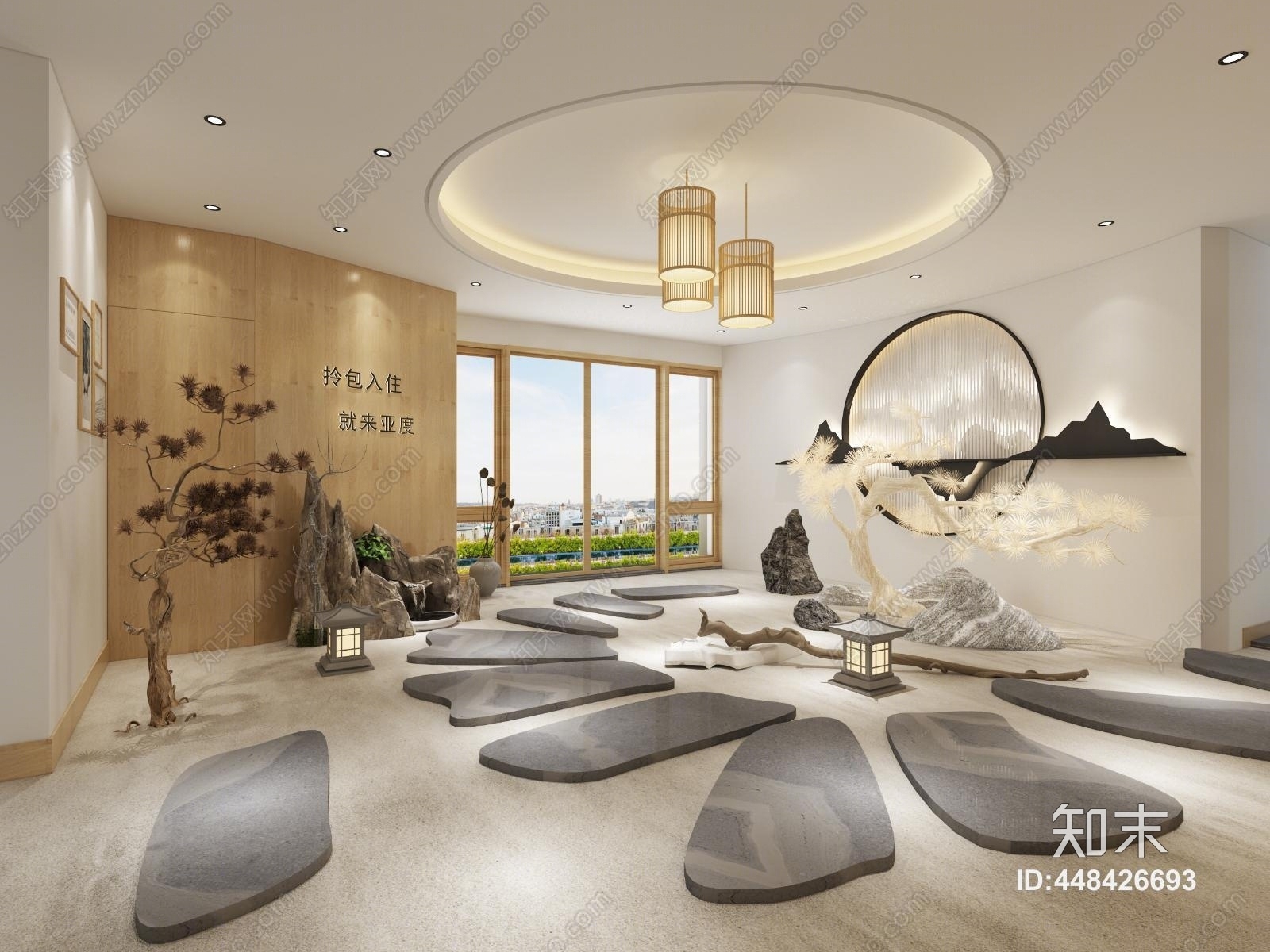 新中式大厅过道背景3D模型下载【ID:448426693】