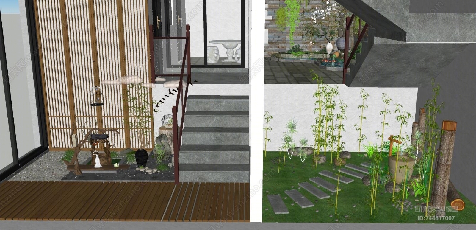 中式别墅花园SU模型下载【ID:744817007】