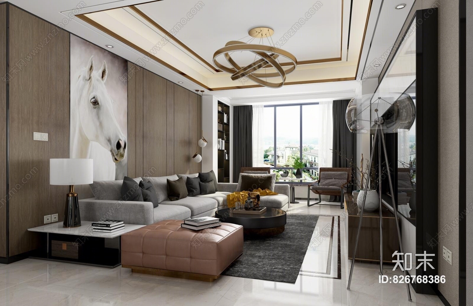 现代客厅餐厅过道吊灯沙发餐桌3D模型下载【ID:826768386】