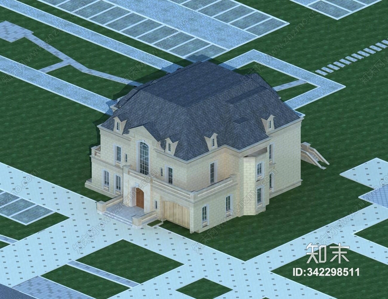 现代欧式别墅建筑3D模型下载【ID:342298511】