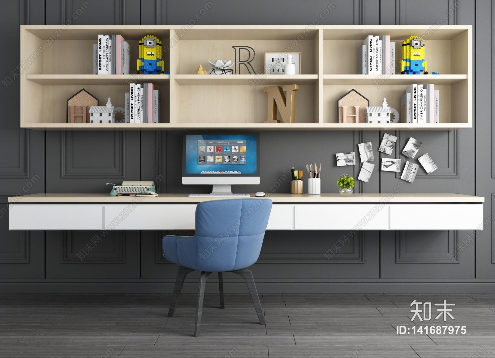 北欧实木书桌书柜组合3D模型下载【ID:141687975】