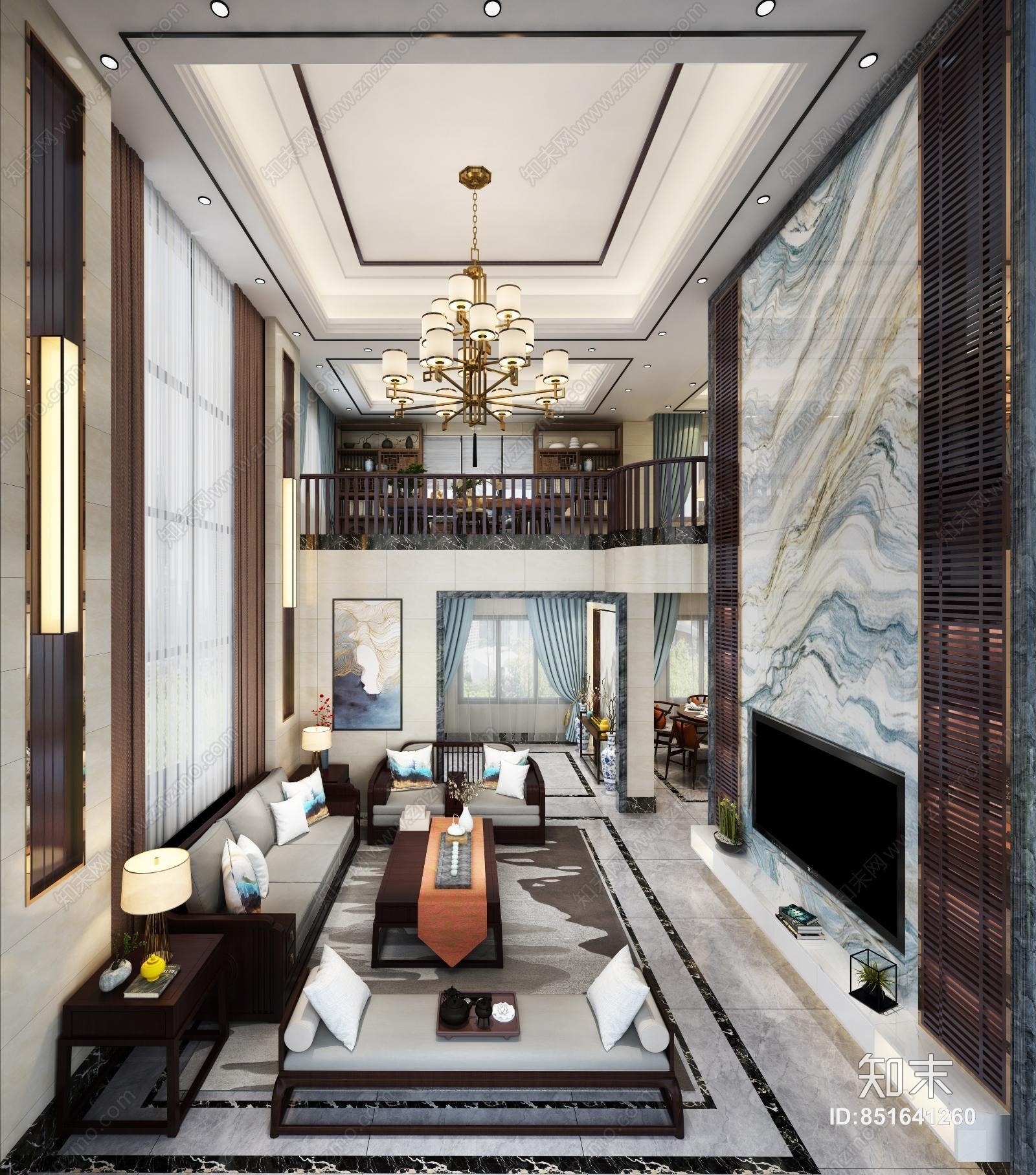 新中式复式客餐厅3D模型下载【ID:851641260】