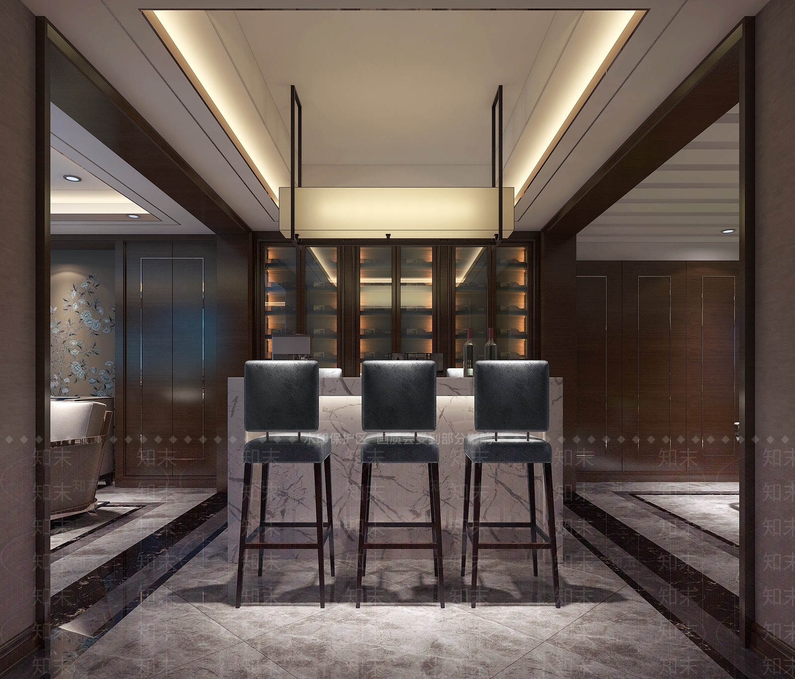 现代港式吧台吧椅吊灯酒柜3D模型下载【ID:933006516】