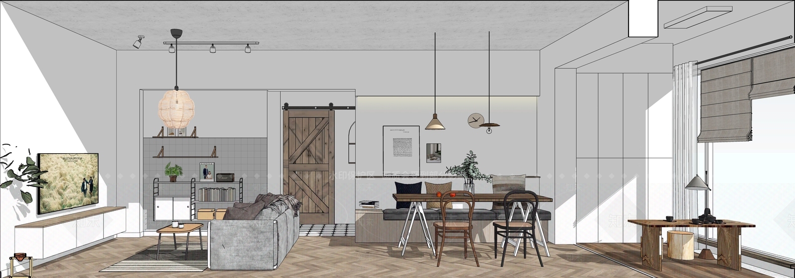 北欧客厅餐厅卧室厨房整体方案沙发茶几橱柜双人床餐桌椅家具SU模型下载【ID:932523844】