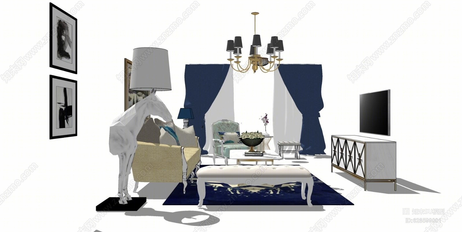 欧式客厅沙发茶几电视柜家具家具SU模型下载【ID:628599001】