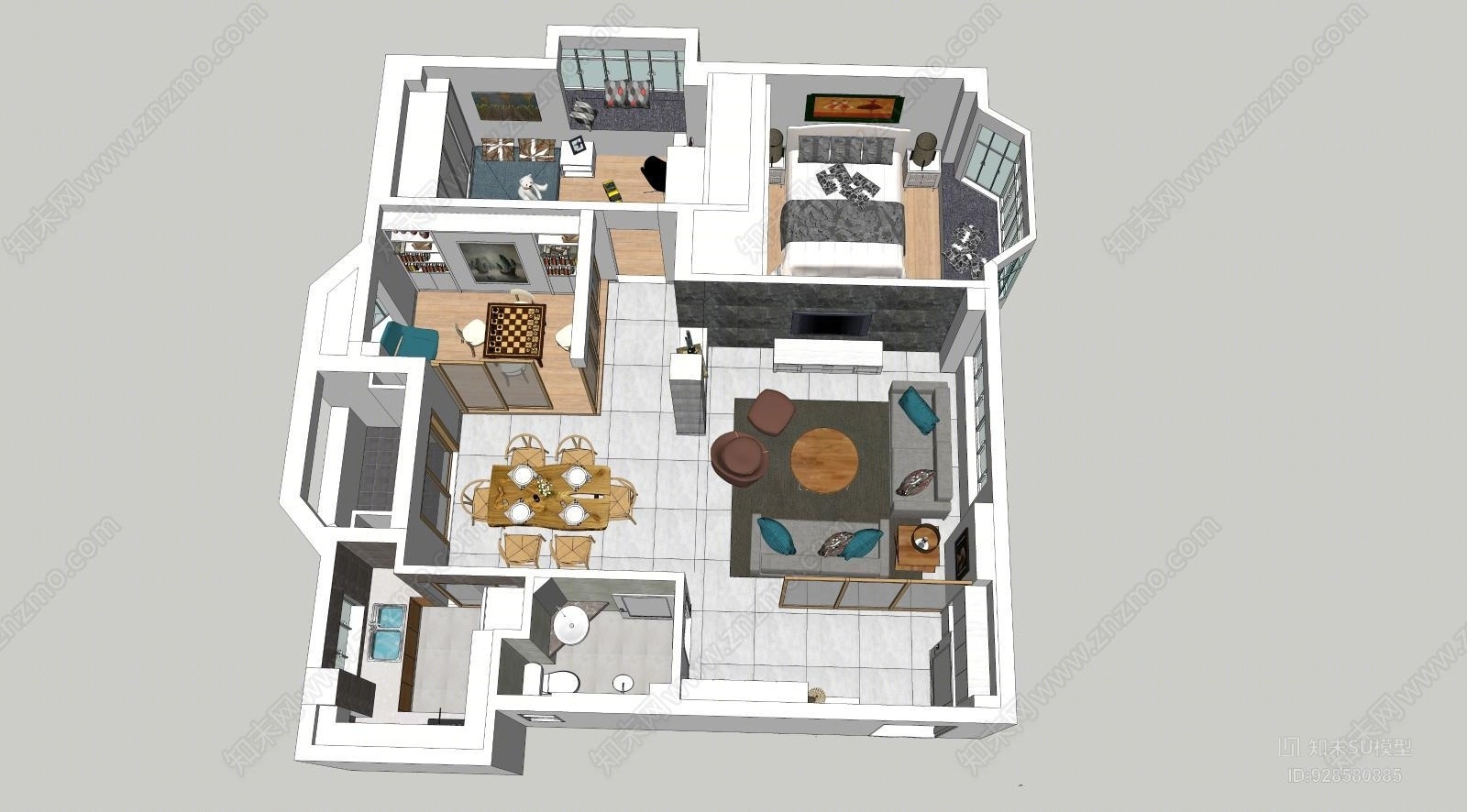 欧式室内户型简装模型SU模型下载【ID:928580885】