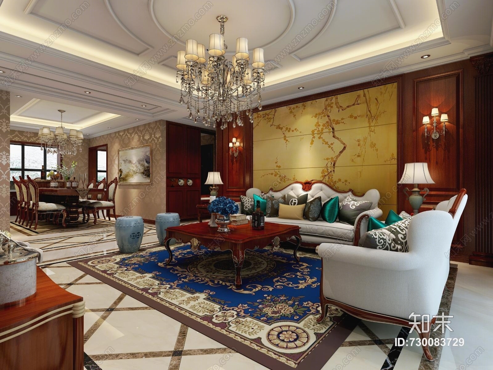 欧式古典餐厅效果图3D模型下载【ID:730083729】