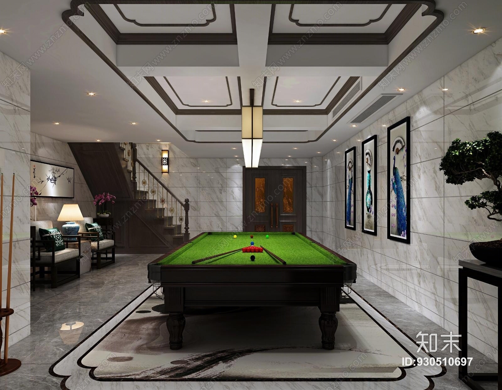 新中式现代台球室椅子组合3D模型下载【ID:930510697】