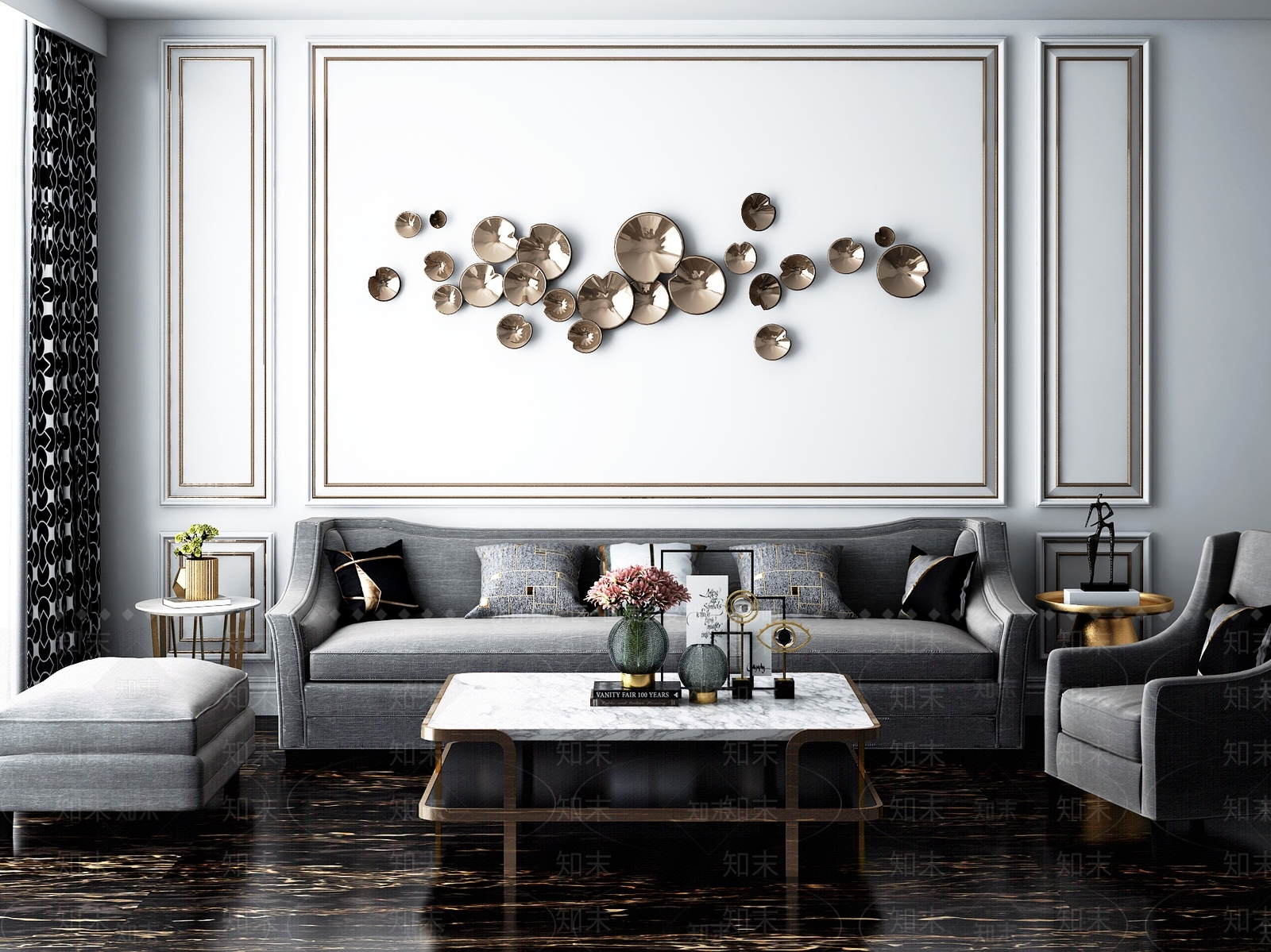 现代轻奢客厅沙发窗帘组合3D模型下载【ID:132490079】