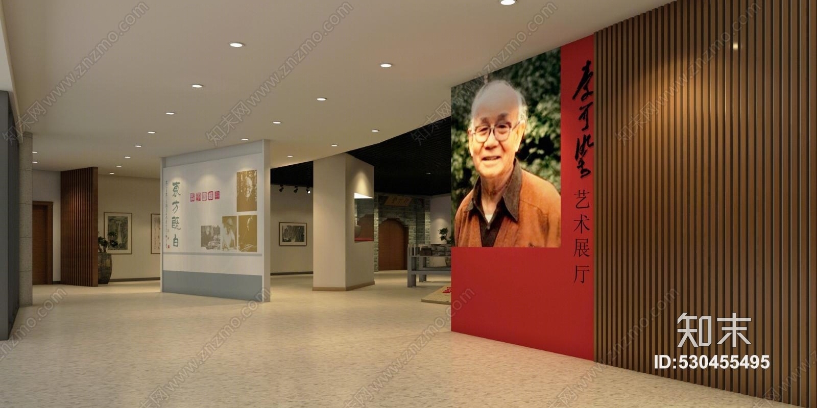 新中式博物馆艺术展厅展板书画山水画仿古门展柜复古盆栽牛雕塑艺术品3D模型下载【ID:530455495】