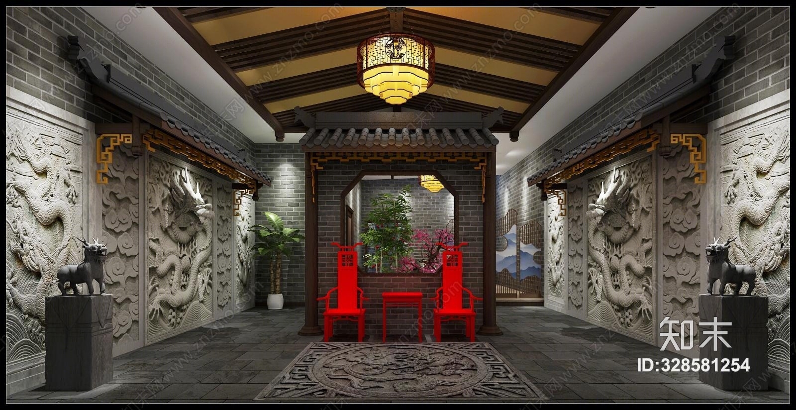 中式小坎龙大厅餐饮门厅休闲椅吊灯3D模型下载【ID:328581254】