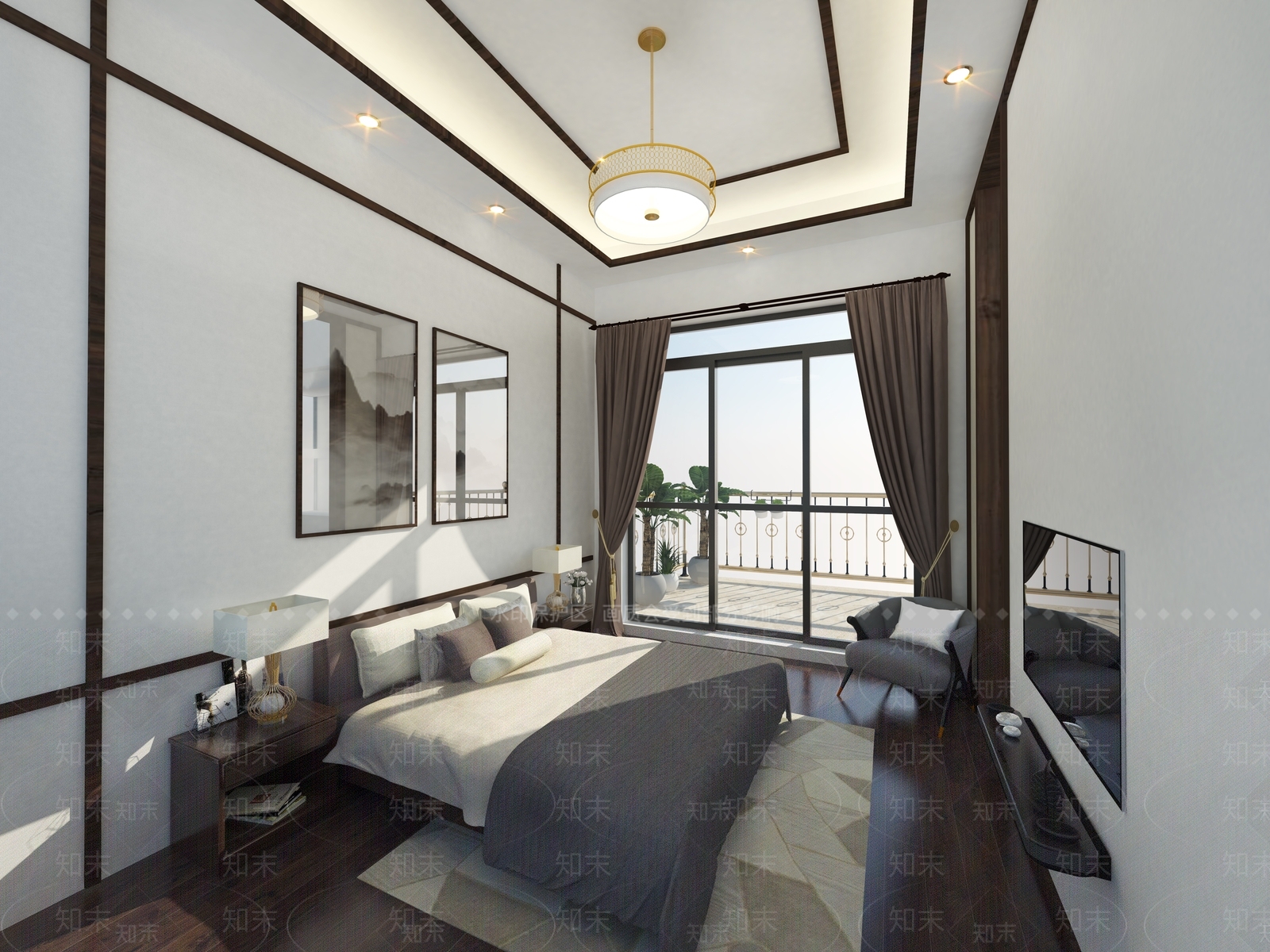 新中式卧室带灯光材质SU模型下载【ID:232823361】