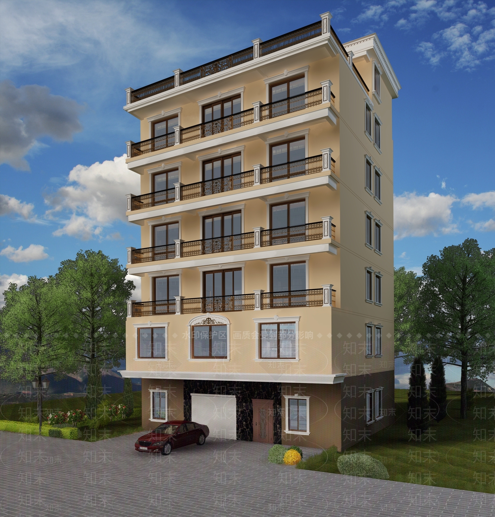 简欧欧式别墅外观汽车卷帘门铜门树雕花线条窗框3D模型下载【ID:332458561】