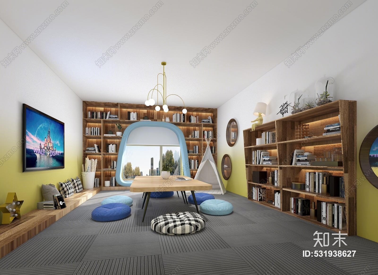 北欧儿童教室吊灯书柜3D模型下载【ID:531938627】