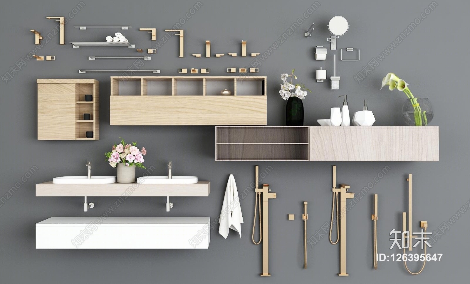 其它淋浴花洒浴室柜马桶刷洗手台五金毛巾架镜子水龙头马桶抽纸3D模型下载【ID:126395647】