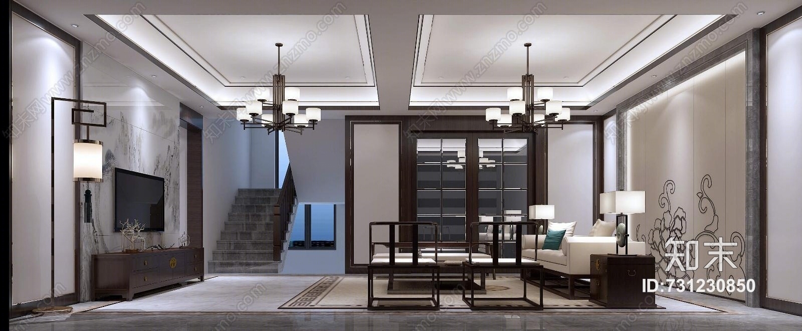 新中式客厅吊灯沙发电视柜壁灯3D模型下载【ID:731230850】