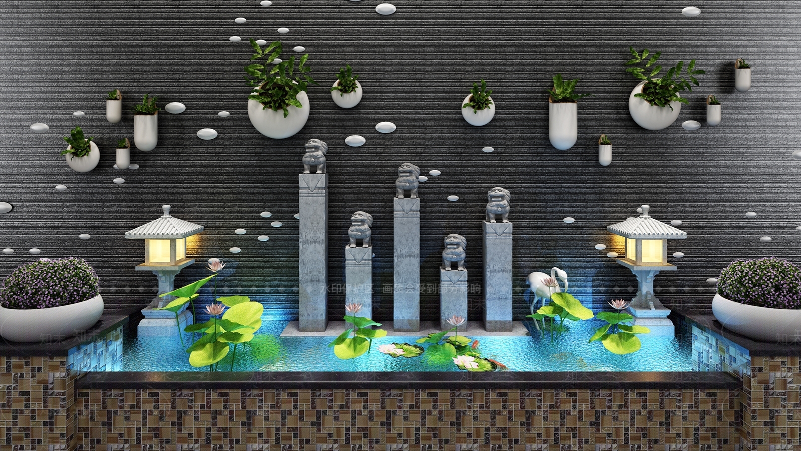 新中式景观水池荷花3D模型下载【ID:434742408】