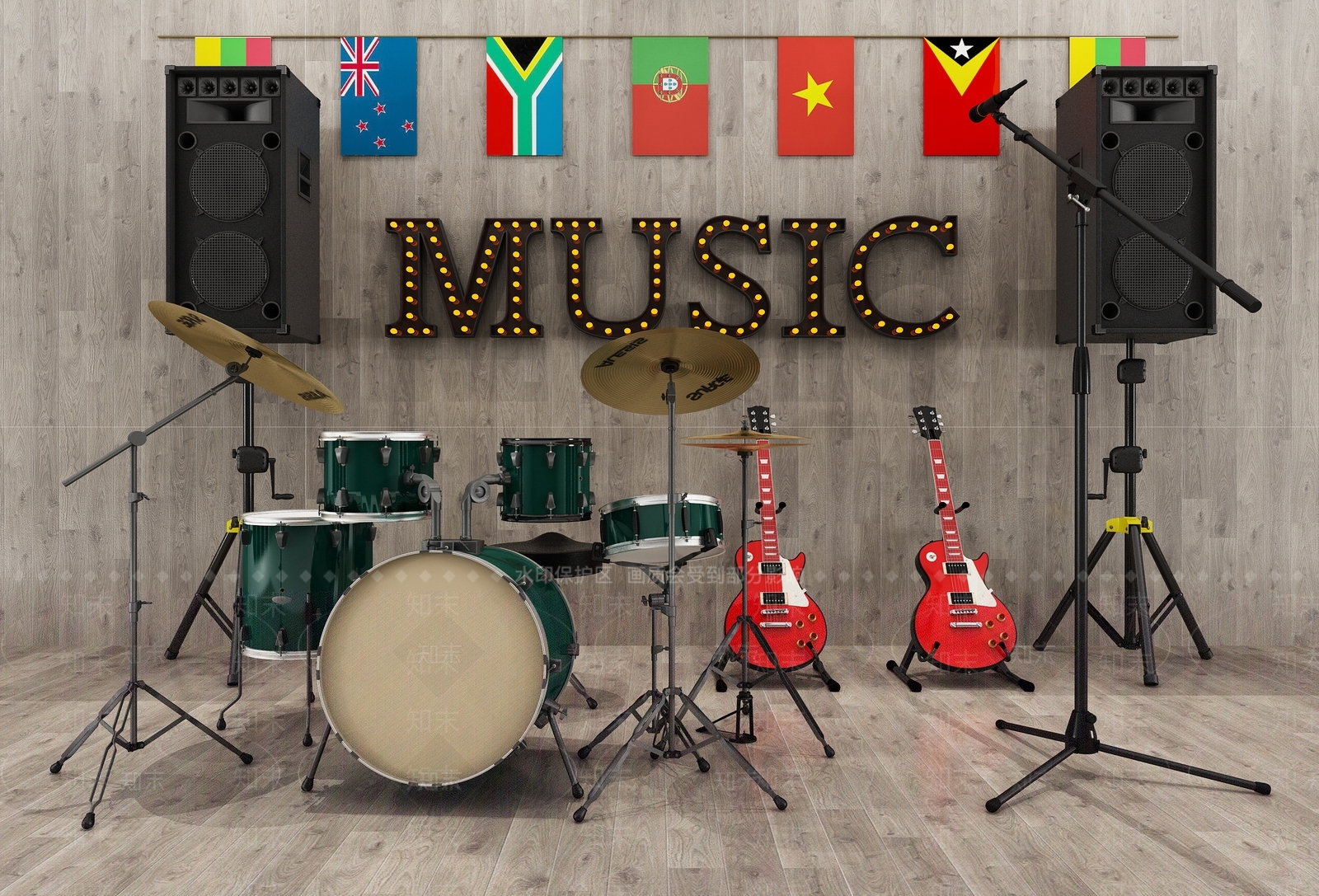 现代乐器架子鼓音响吉他话筒3D模型下载【ID:132783257】