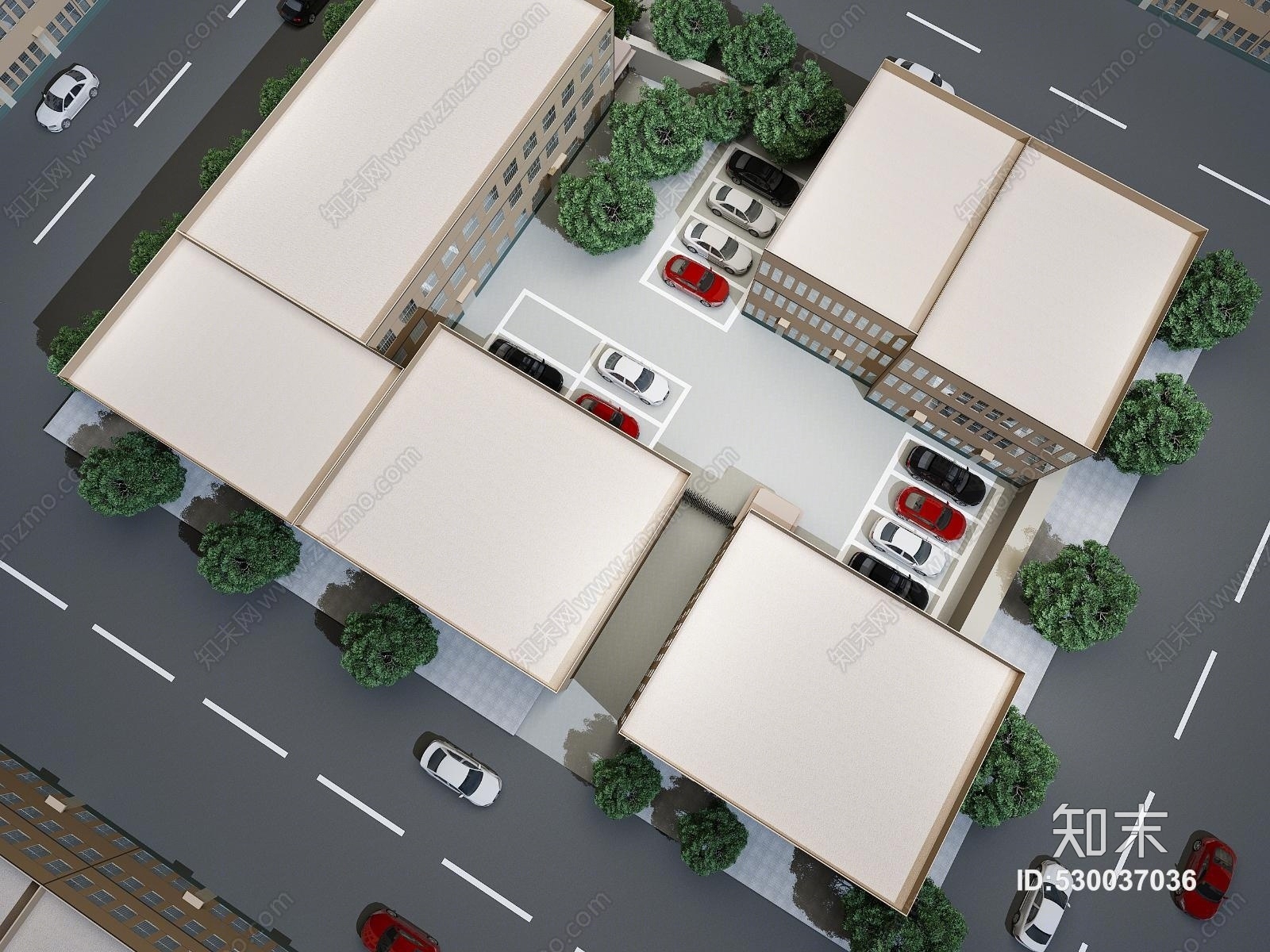 现代鸟瞰图停车场树林3D模型下载【ID:530037036】