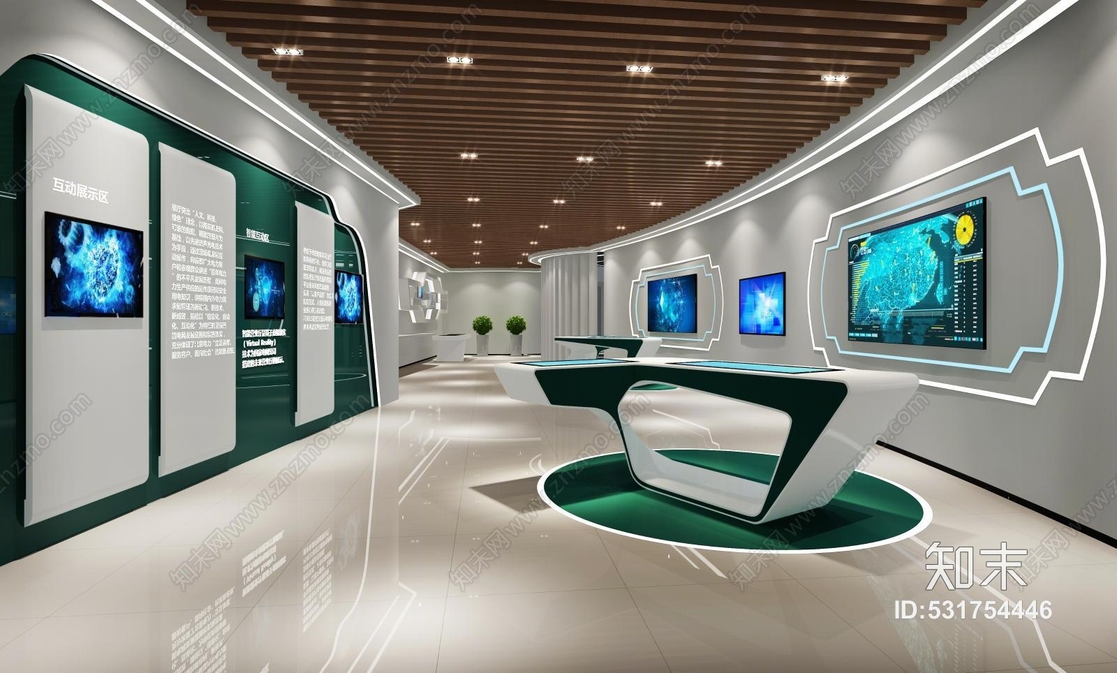 现代科技时尚展厅展馆弧形吊顶3D模型下载【ID:531754446】