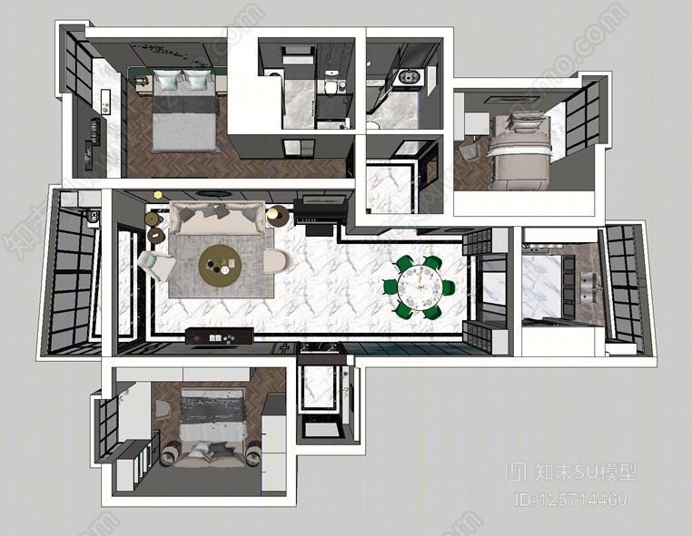 现代轻奢港式全屋布局模型带贴图渲染SU模型下载【ID:125714460】