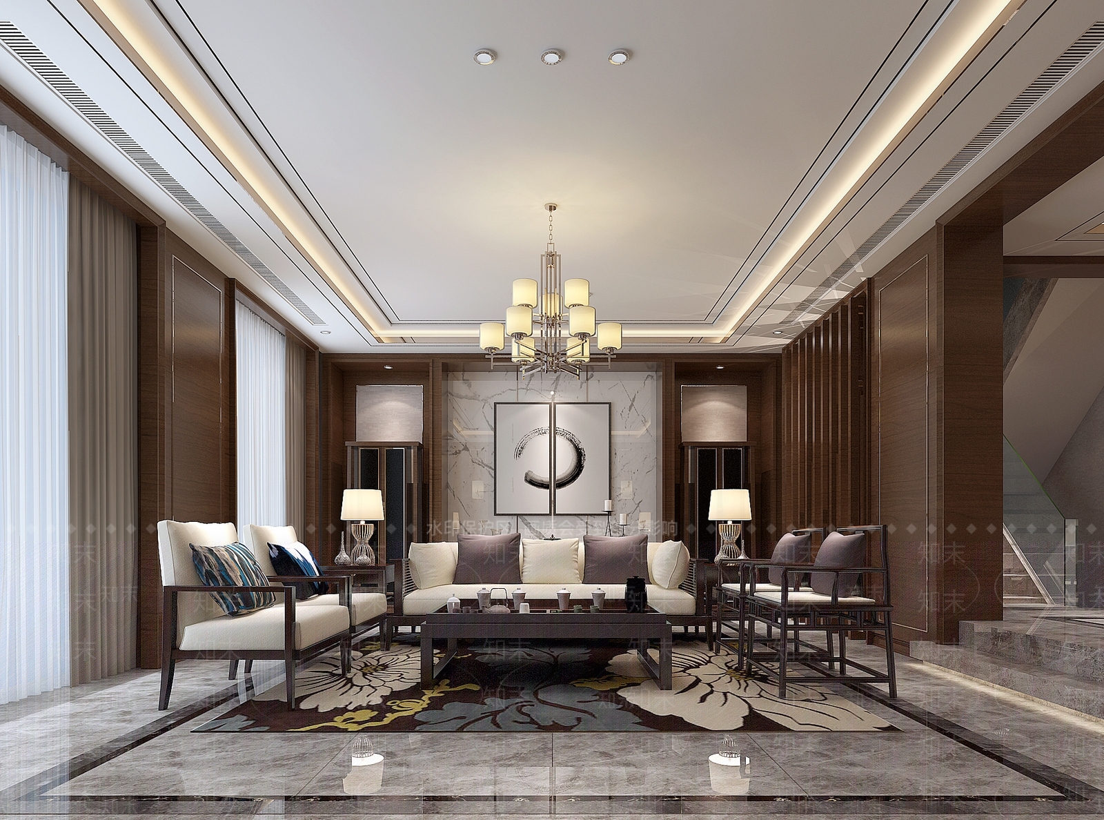 现代港式客厅沙发茶几地毯吊灯台灯壁灯3D模型下载【ID:733006858】