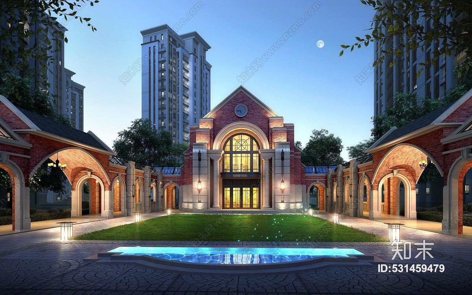 美式房地产楼盘中庭表现3D模型下载【ID:531459479】