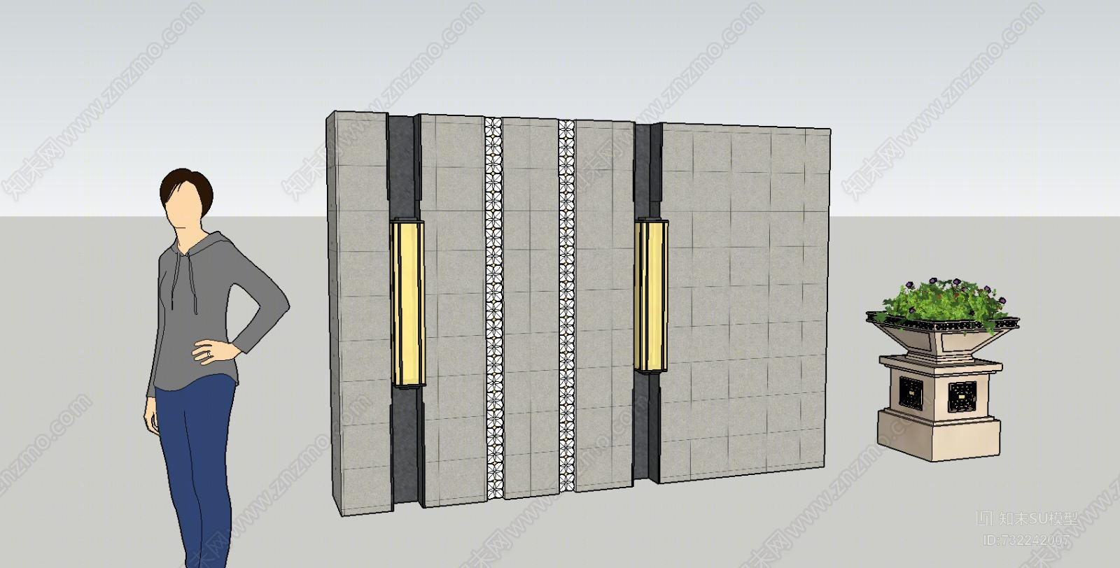 新中式大气尊贵景观墙及花钵灯室外SU模型下载【ID:732242007】