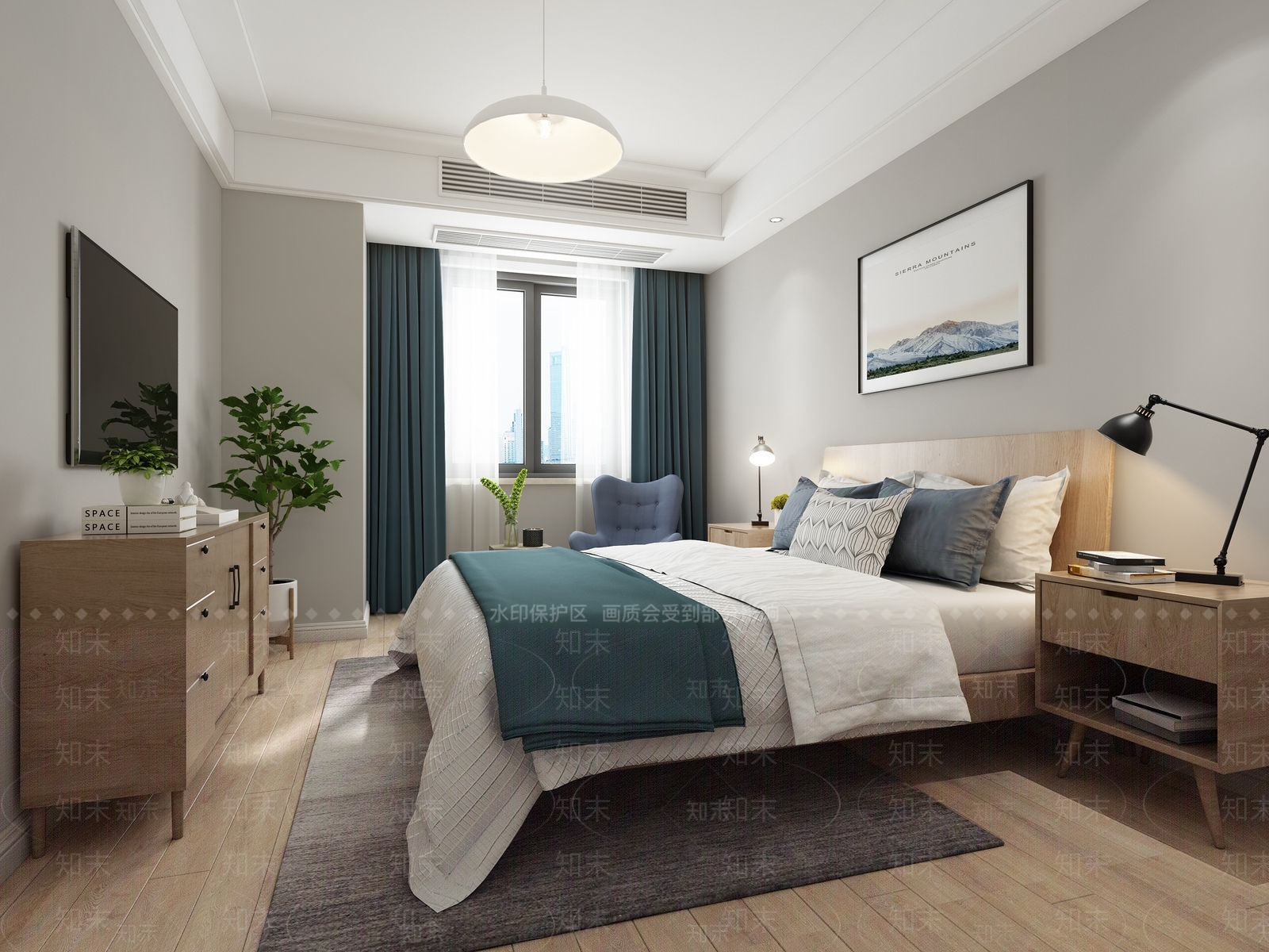 北欧卧室吊灯挂画绿植窗帘3D模型下载【ID:432459344】