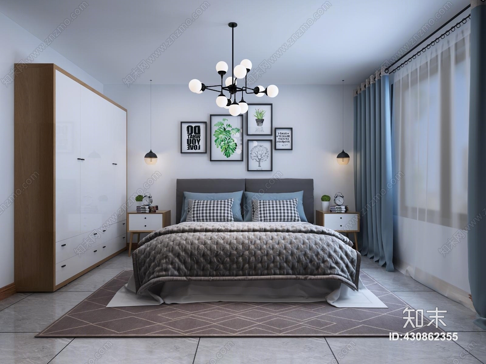 北欧现代卧室床灯具电视柜3D模型下载【ID:430862355】