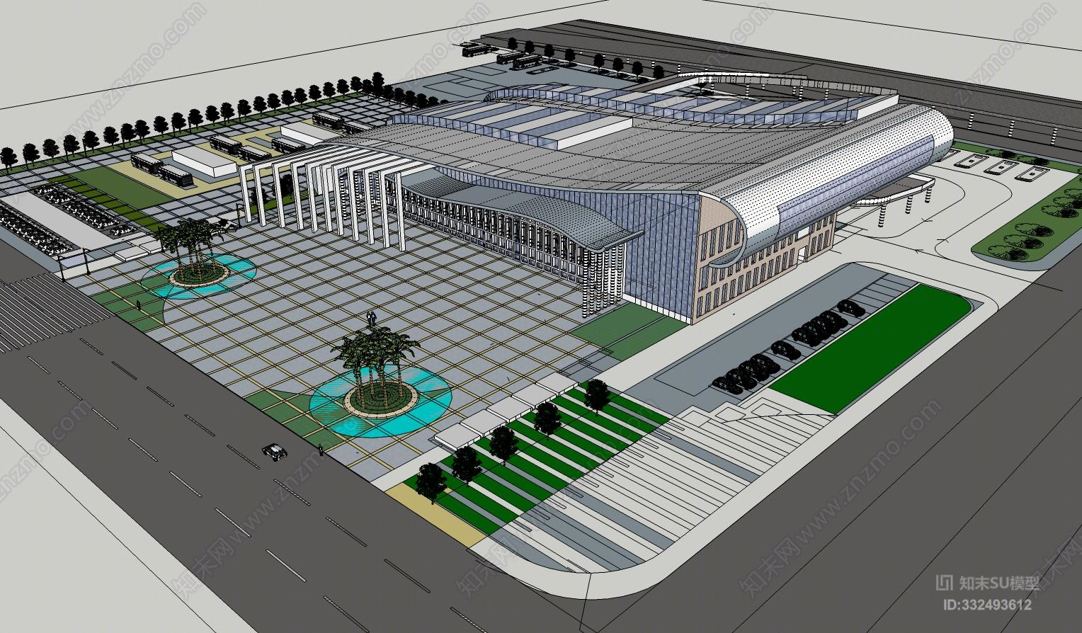 现代汽车客运站广场SU模型下载【ID:332493612】