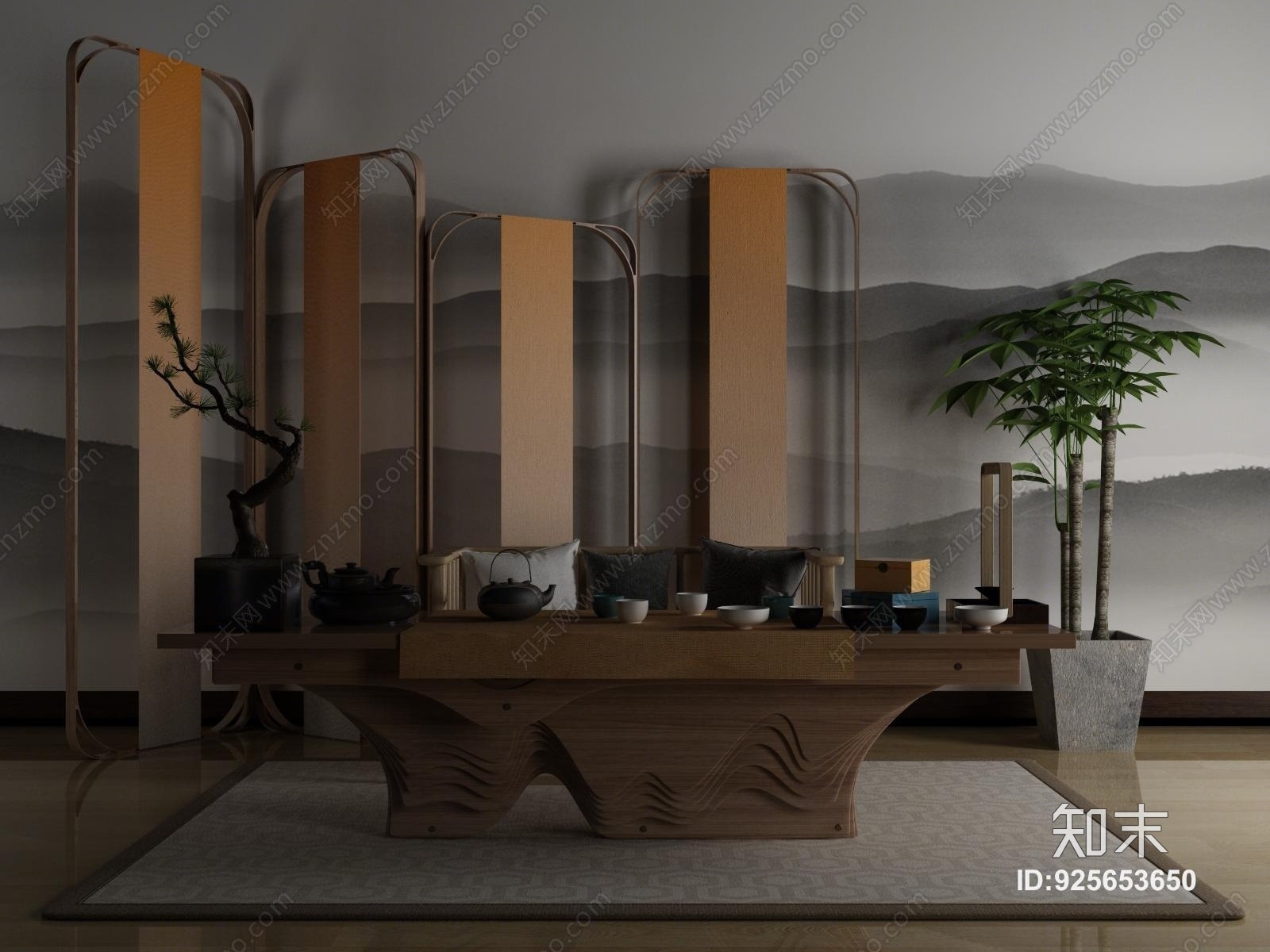 中式茶室茶几茶案组合3D模型下载【ID:925653650】