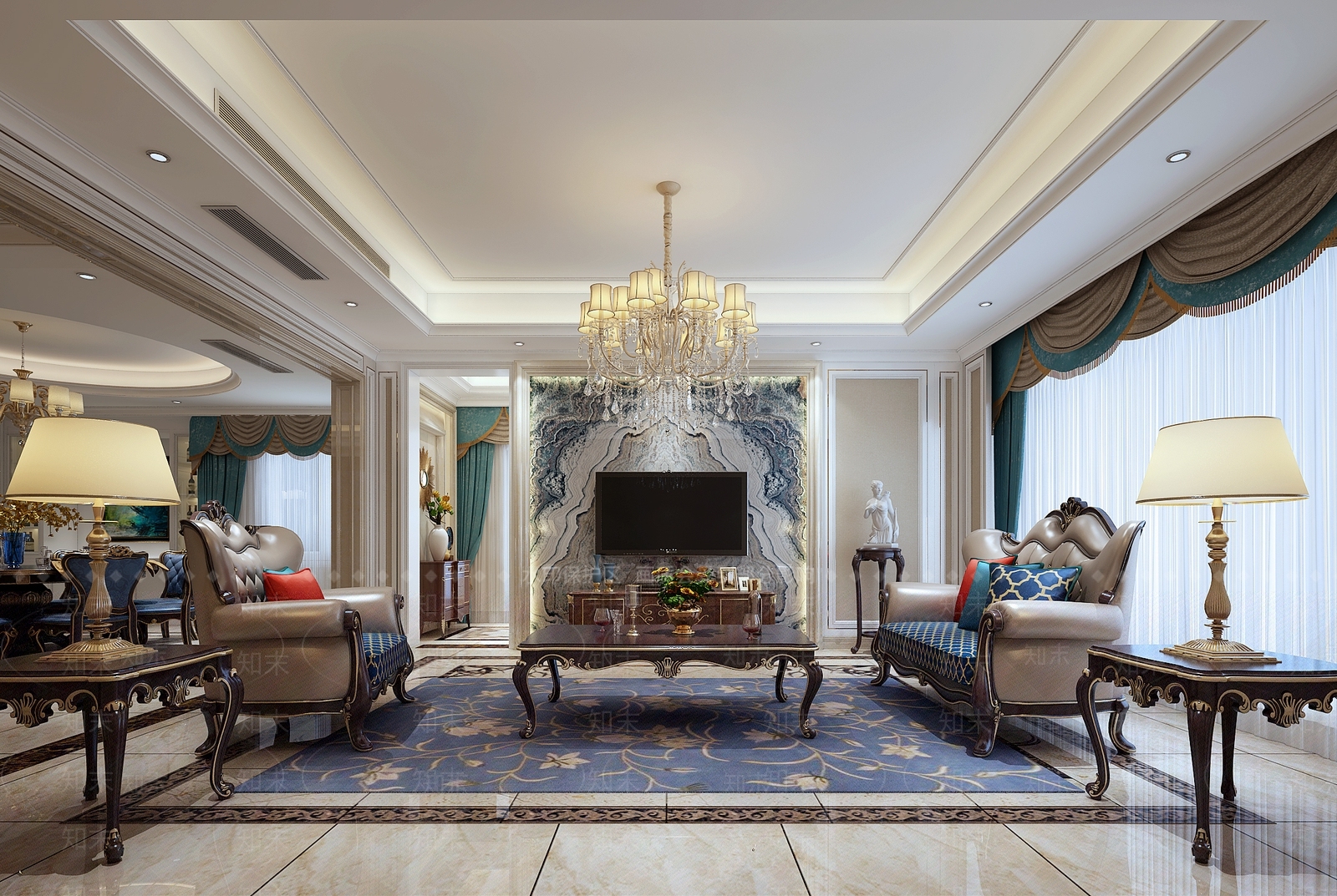 简欧欧式客厅沙发茶几电视柜玄关柜吊灯台灯餐桌3D模型下载【ID:732968778】