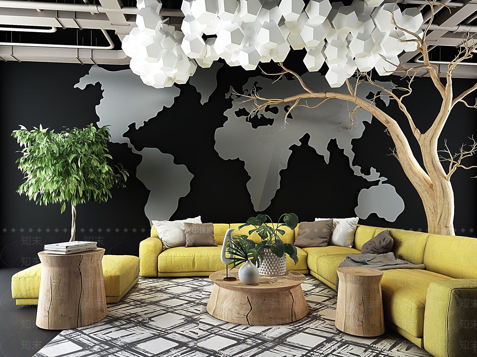 北欧多人沙发大书吊灯茶几墙饰地图管道3D模型下载【ID:133205078】