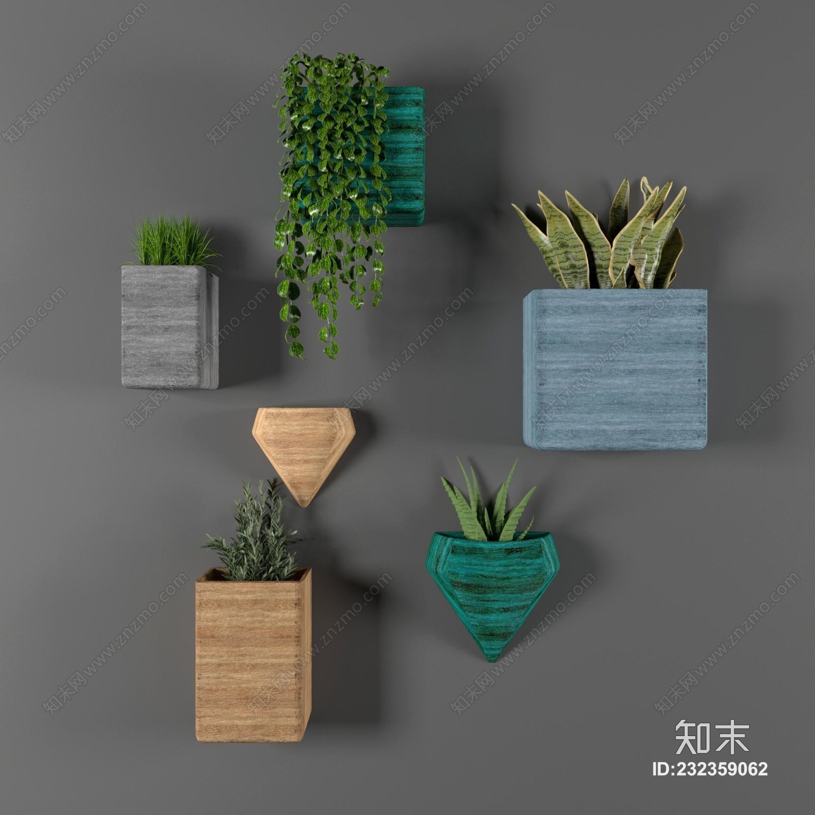 现代盆栽植物墙饰3D模型下载【ID:232359062】