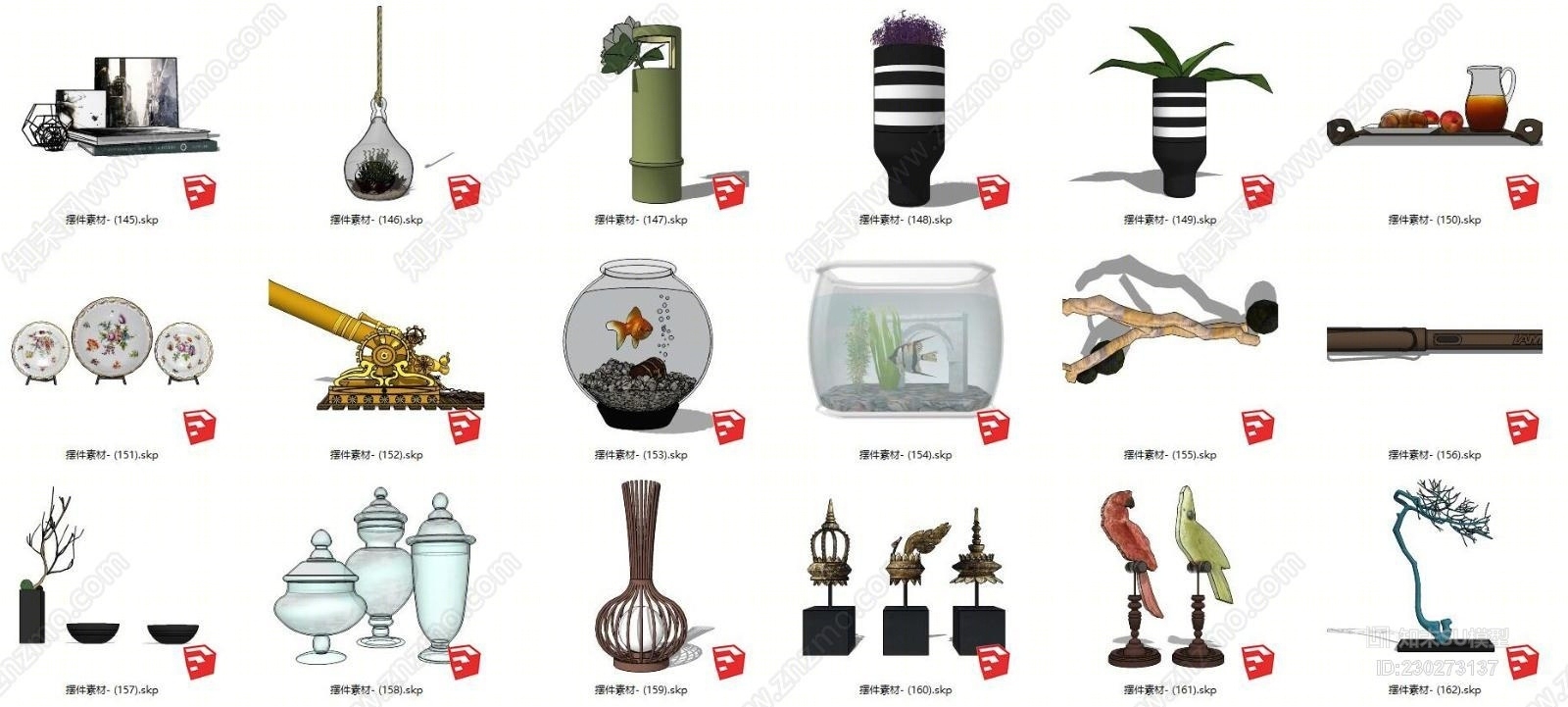 室内家工装花瓶工艺品雕塑挂画挂饰组合装饰摆件素材库18ge纸牌SU模型下载【ID:230273137】