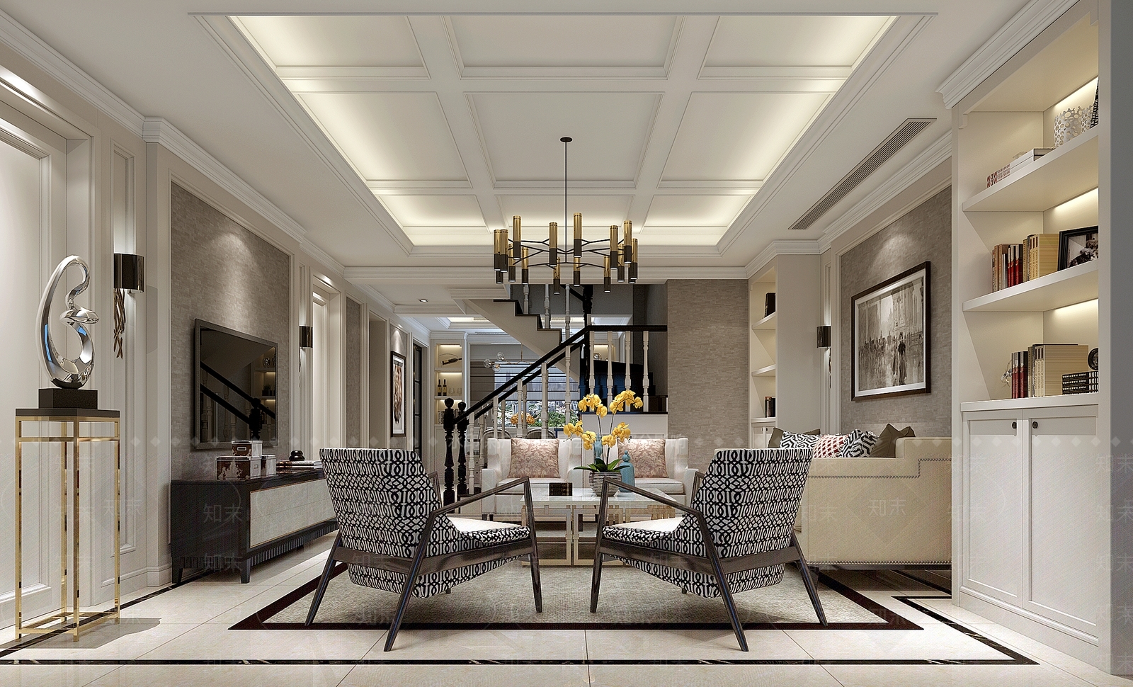 后现代轻奢客厅沙发电视柜吊灯壁灯装饰画装饰品楼梯3D模型下载【ID:732506700】