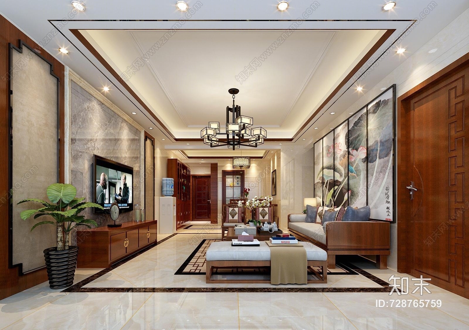 中式客厅效果图3D模型下载【ID:728765759】