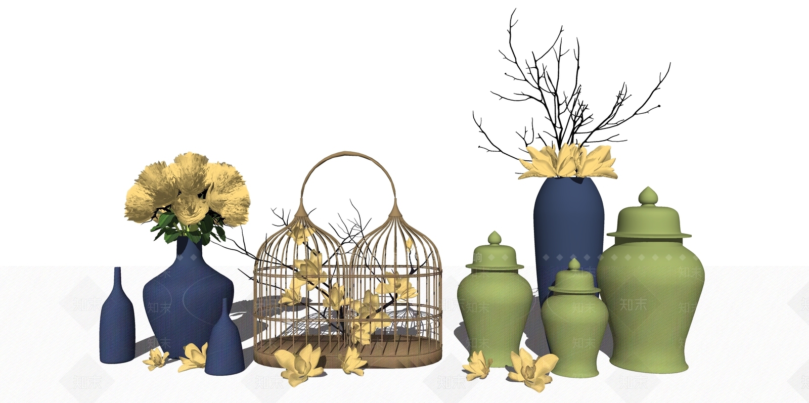 新中式鸟笼装饰花瓶摆件SU模型下载【ID:934446673】