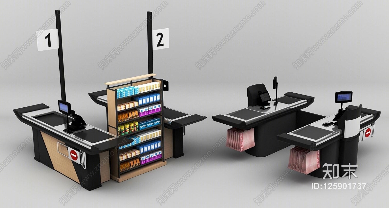 现代超市卖场收银台组合3D模型下载【ID:125901737】