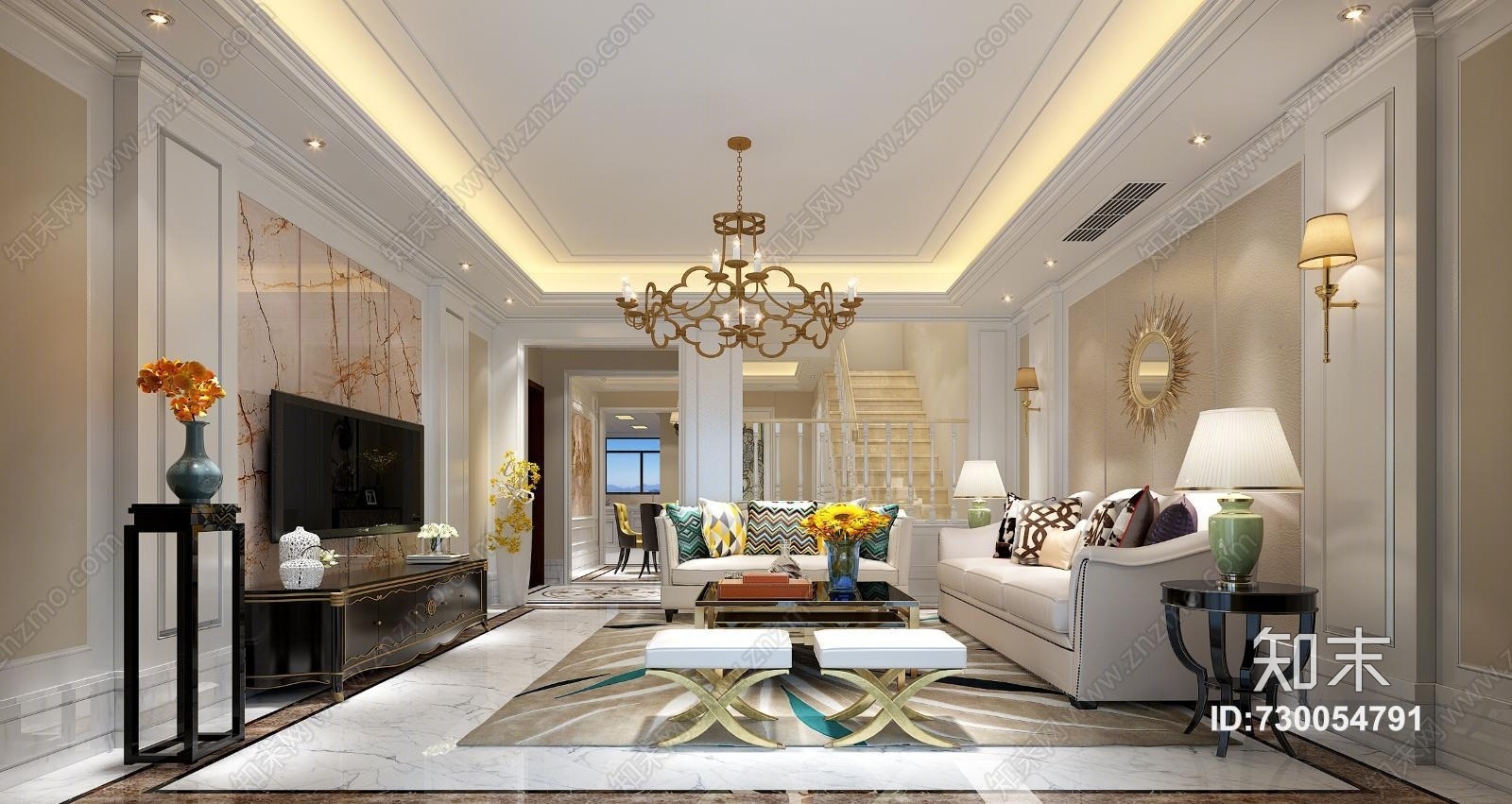 美式客厅餐厅玄关楼梯柜子3D模型下载【ID:730054791】