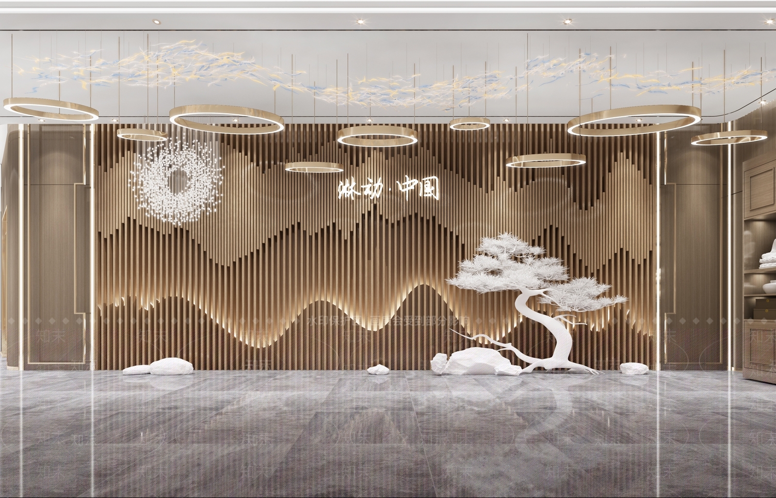 现代新中式背景墙3D模型下载【ID:733132766】