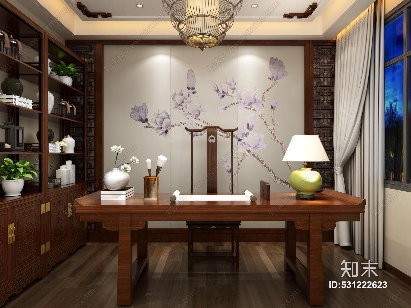 中式书房梅花背景书桌吊灯书柜书柜3D模型下载【ID:531222623】