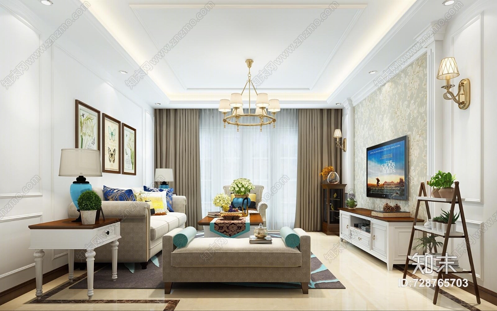 美式简美客餐厅效果图3D模型下载【ID:728765703】