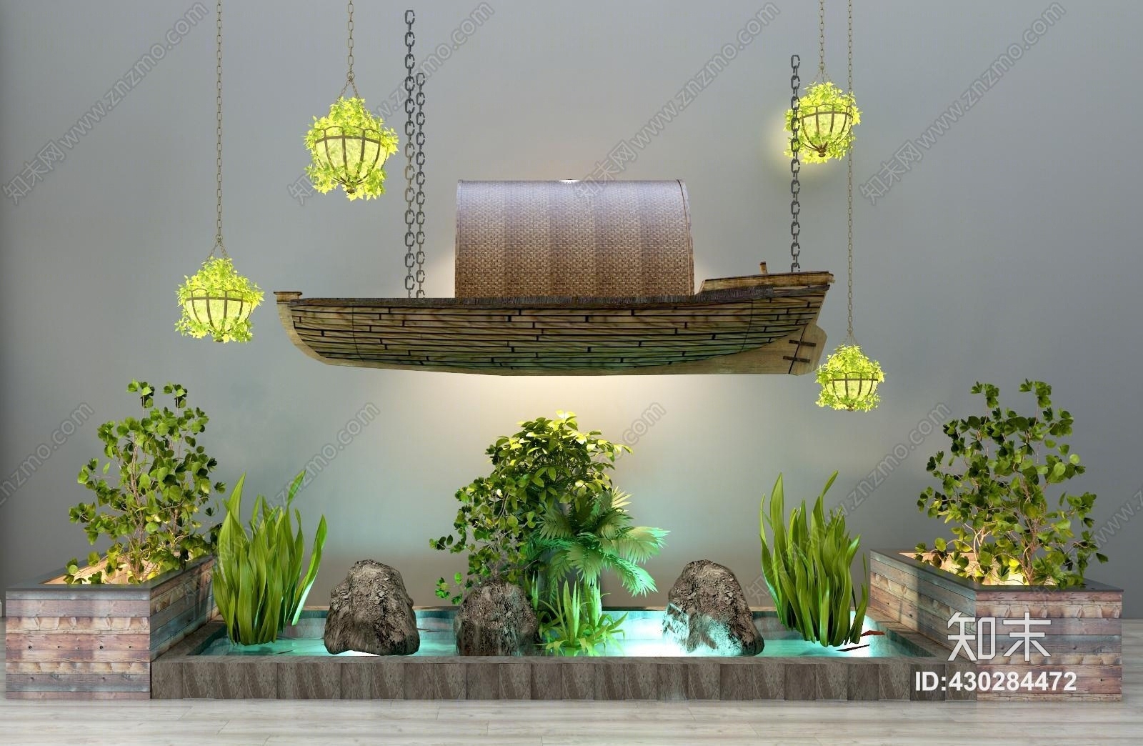 工业风吊灯船绿植石头池塘水3D模型下载【ID:430284472】